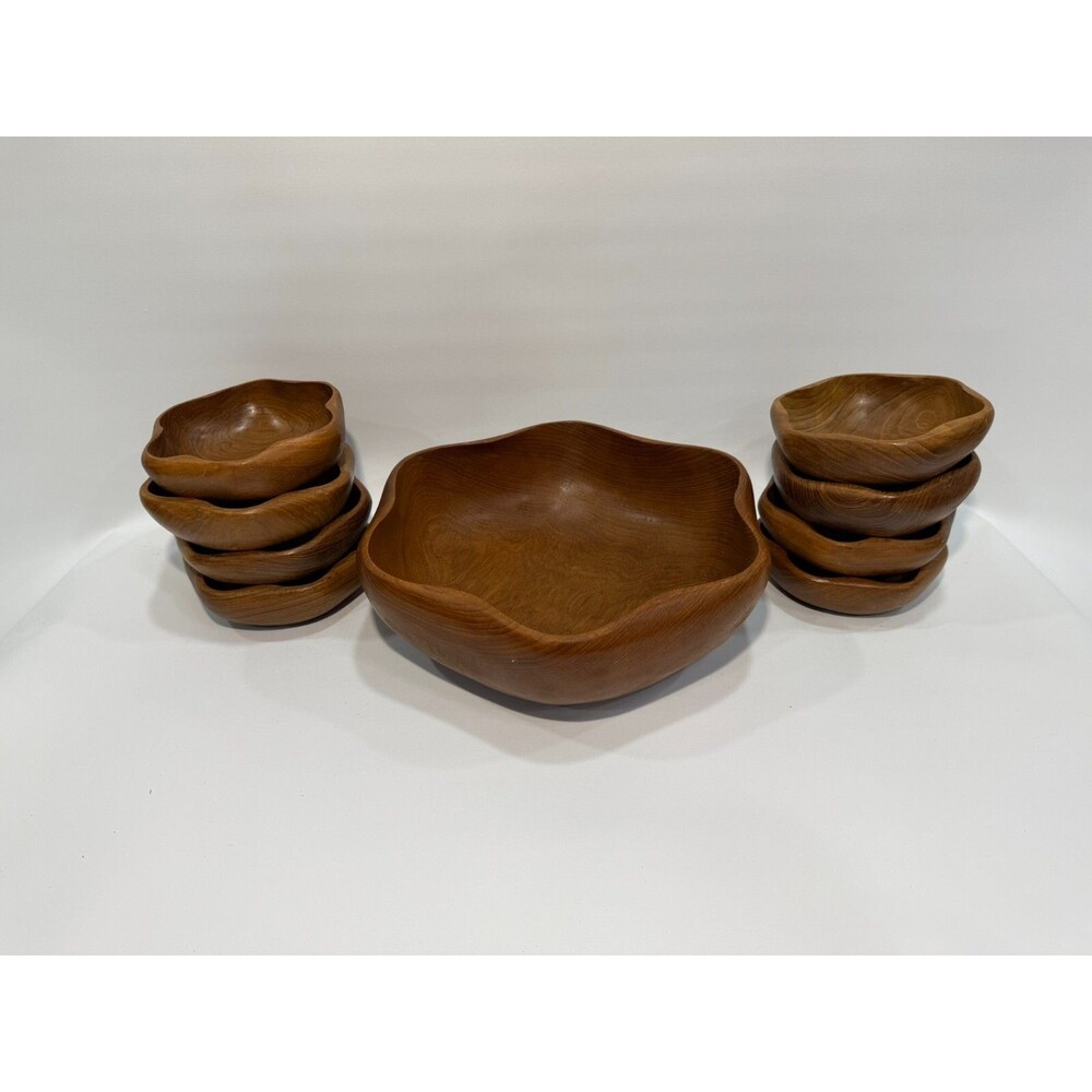 Vintage Teak Wood Salad Bowl with 8 Individual bowls Made in Thailand